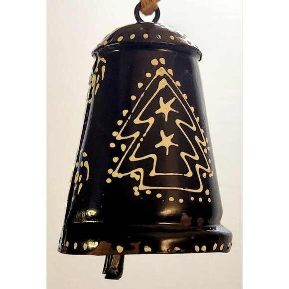 Swedish Christmas Bell Metal Hand Painted Black & White Christmas Tree Jute 5" - Picture 7 of 10